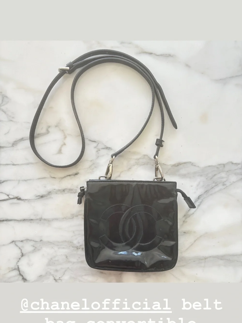 CHANEL Black Patent Leather CC Logo Converted Belt to Crossbody Bag